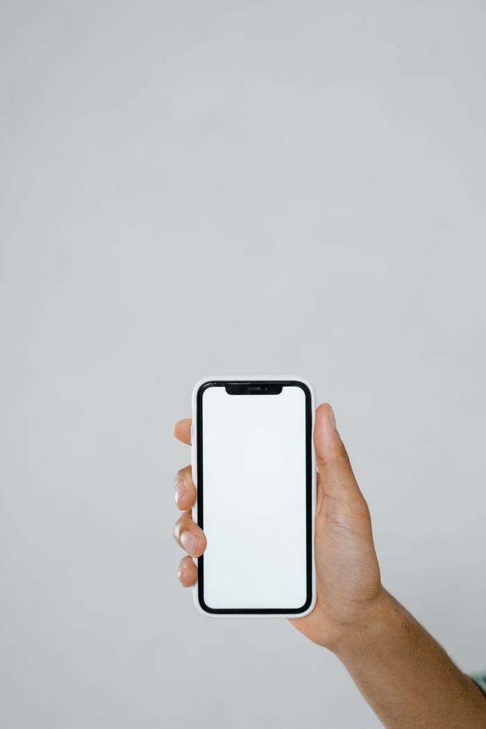 A hand holding a smartphone with a blank screen, offering extensive copyspace.